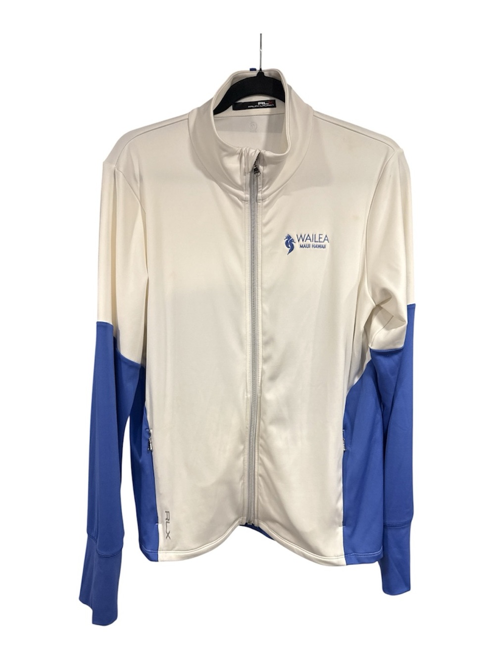 RLX Ralph Lauren women’s Cream and Blue Zip-Front Golf Jacket Wailea Maui logo L